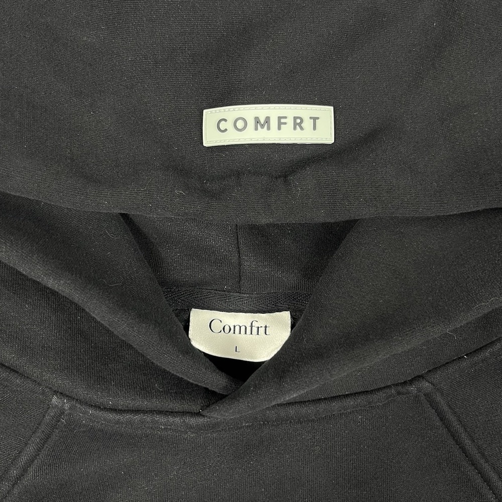 Comfrt Hoodie Youth Large Black Pullover Fleece Sweatshirt Kangaroo Pocket Logo - Picture 3 of 9
